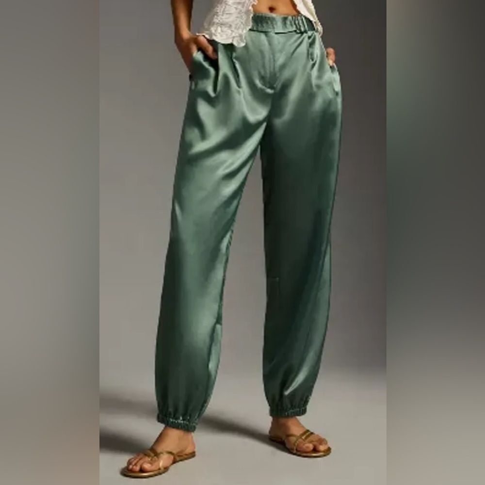 Anthropologie Maeve 2 Pants Parachute Satin Jogger Belted Green NWT
